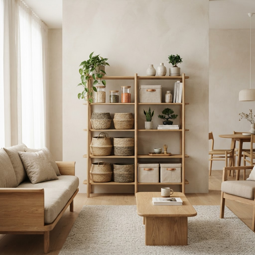 A neatly organised living space with shelving, woven baskets and linen storage boxes