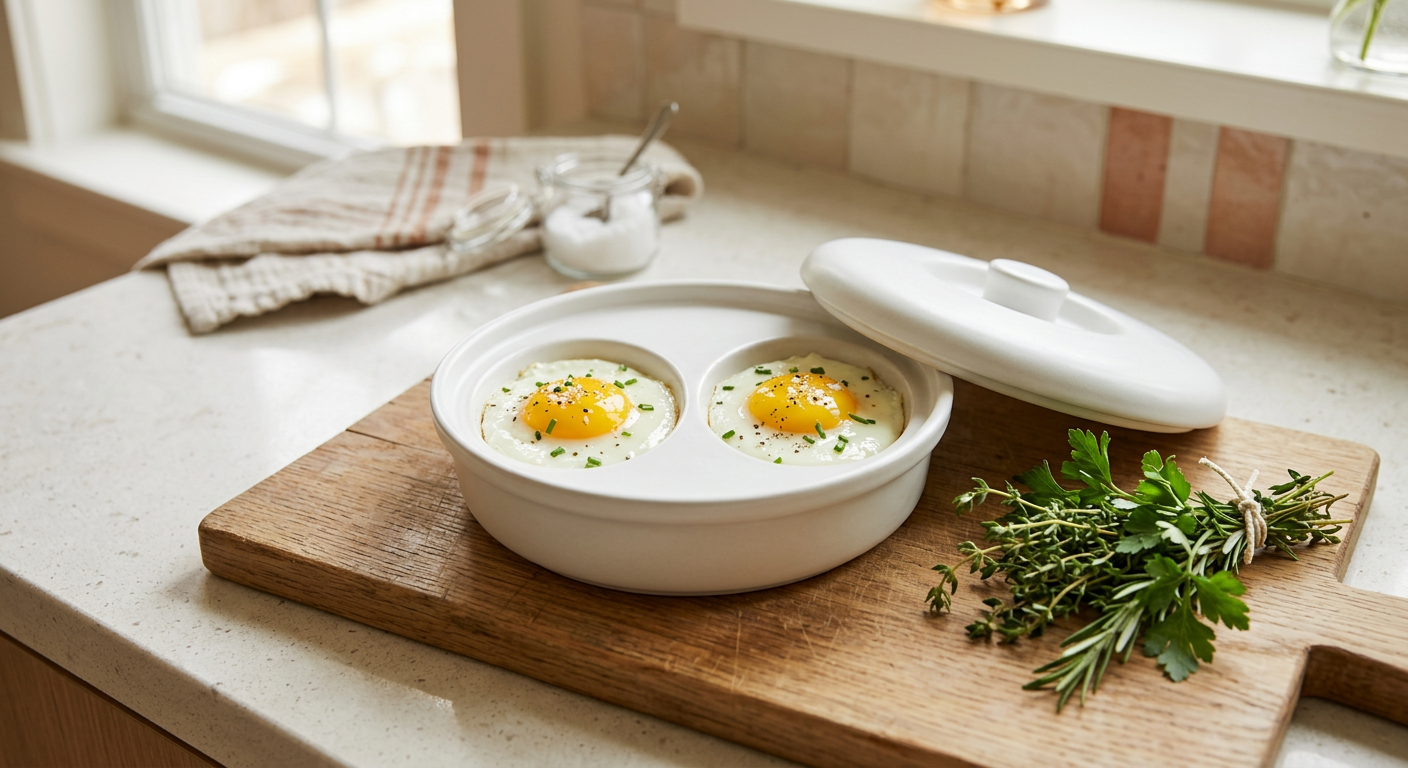 Microwave Egg Cooker Pro with two cooked eggs on a kitchen counter