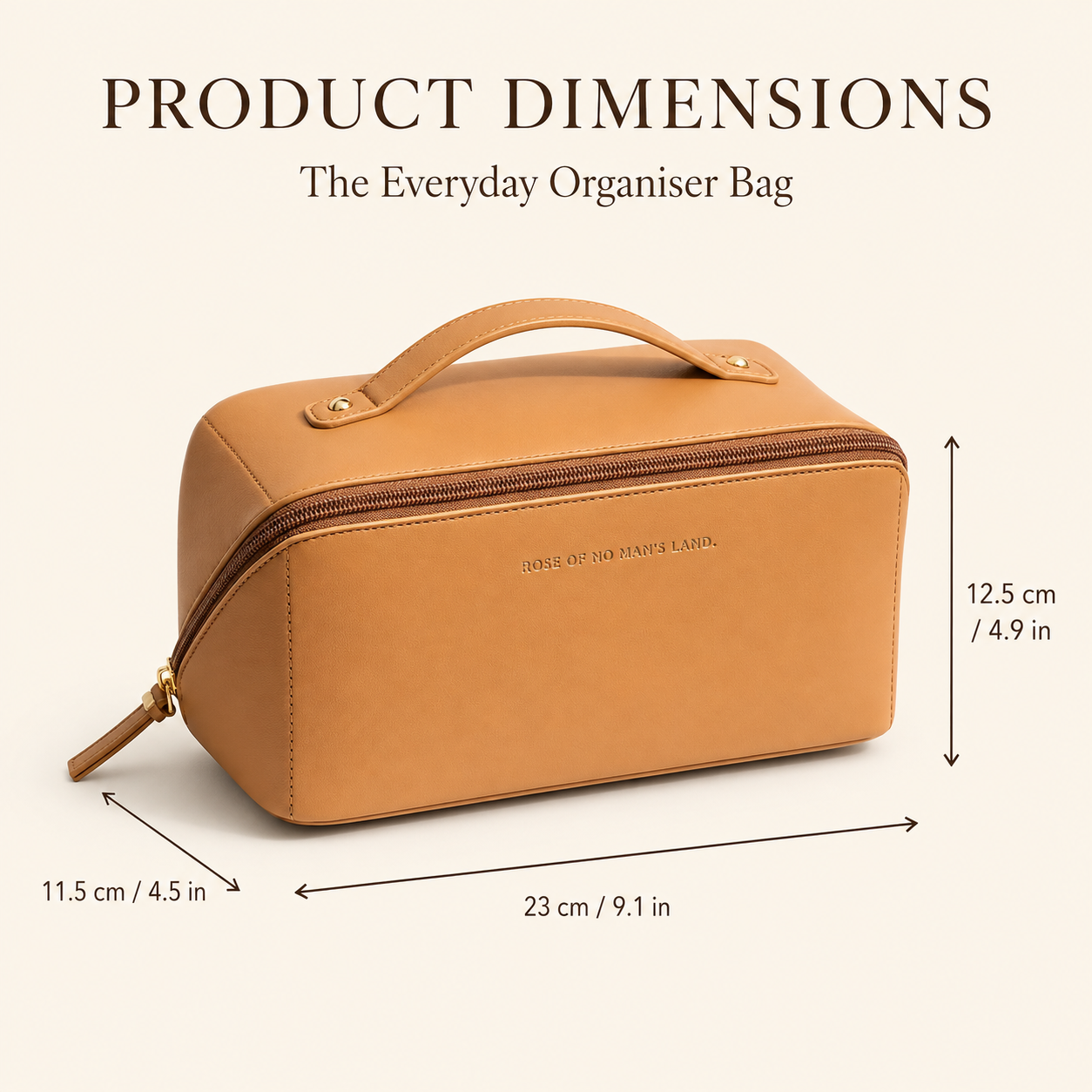The Everyday Organiser Bag dimensions – 23 cm length, 12.5 cm height and 11.5 cm depth
