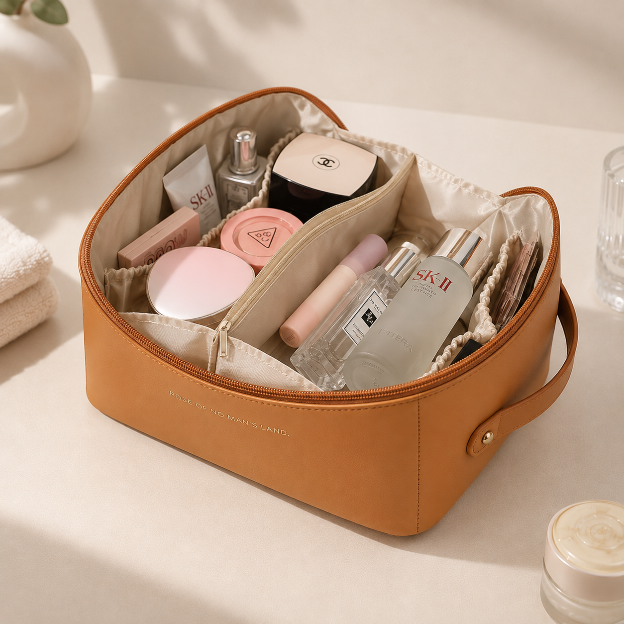 Inside the organiser bag, packed neatly with beauty products