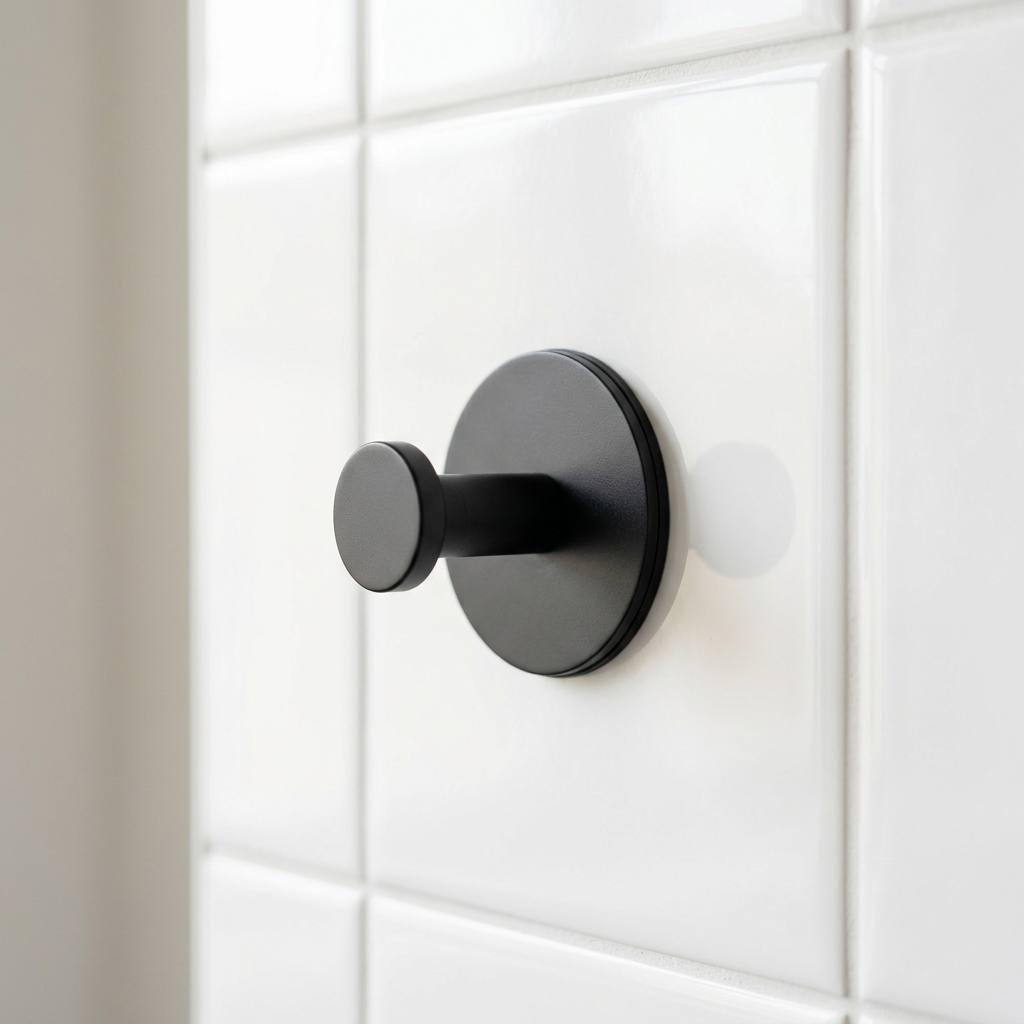 Matte black suction hook on a tiled wall