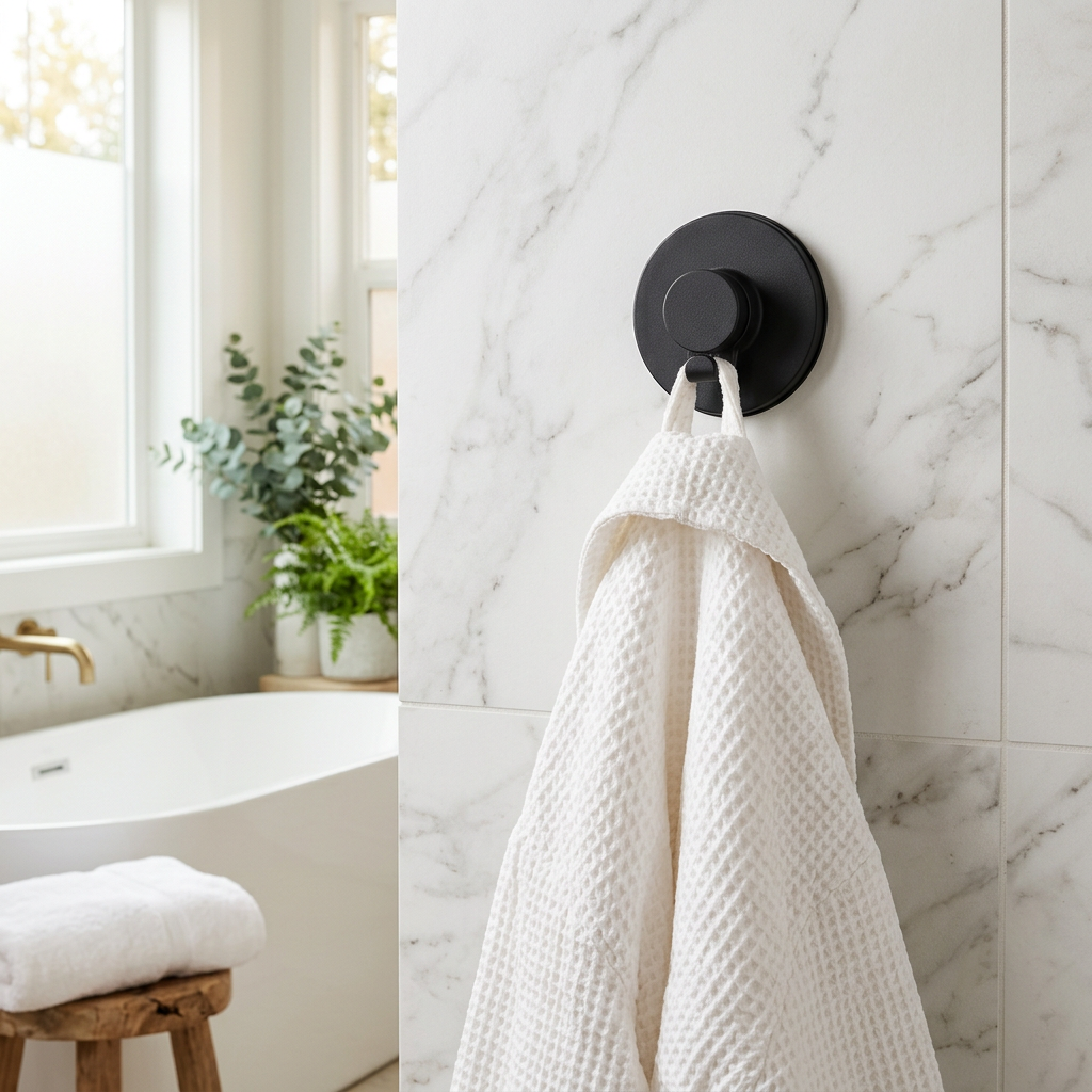 Matte black suction hook holding a bathrobe