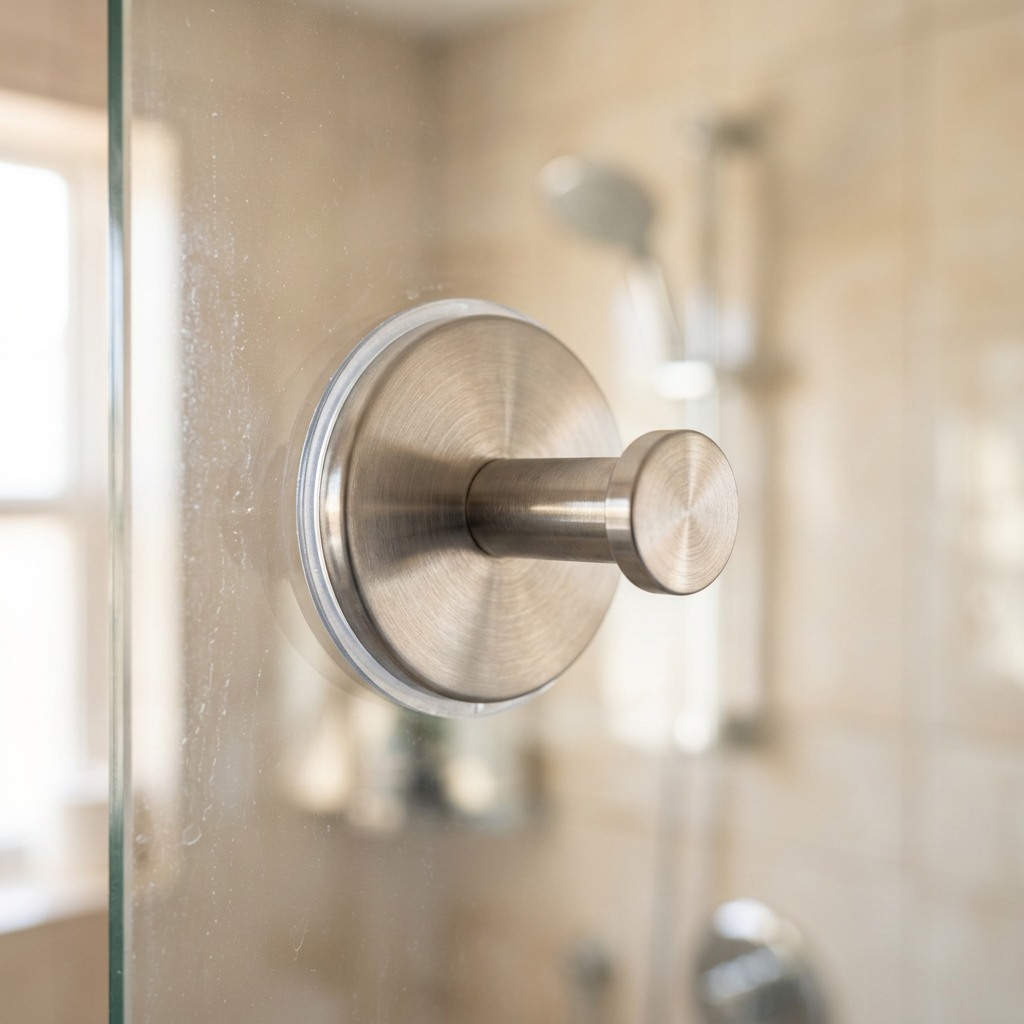 Close-up of a brushed silver suction hook on glass